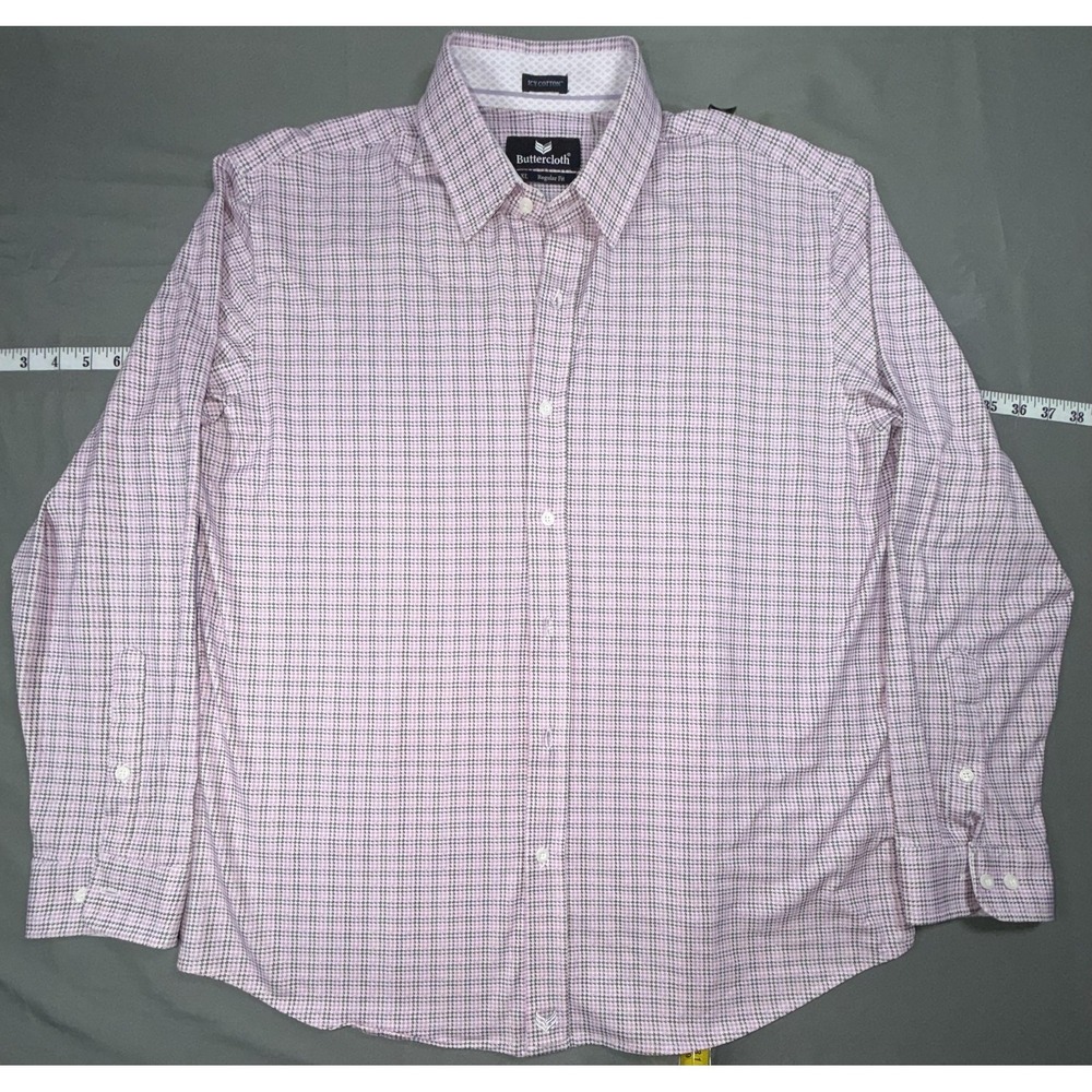Buttercloth Dress Shirt Mens XL Pink Check‎ Regular Fit Stretch Long Sleeve